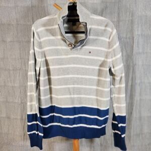 Tommy Hilfiger $90 Medium Gray Blue Striped 100% Cotton Quarter Zip Sweater
